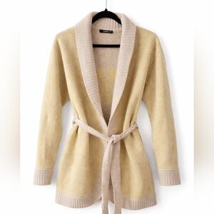 Kerisma Wool Blend Cardigan Tie Waist Shawl Collar Neutral Butter Yellow Large